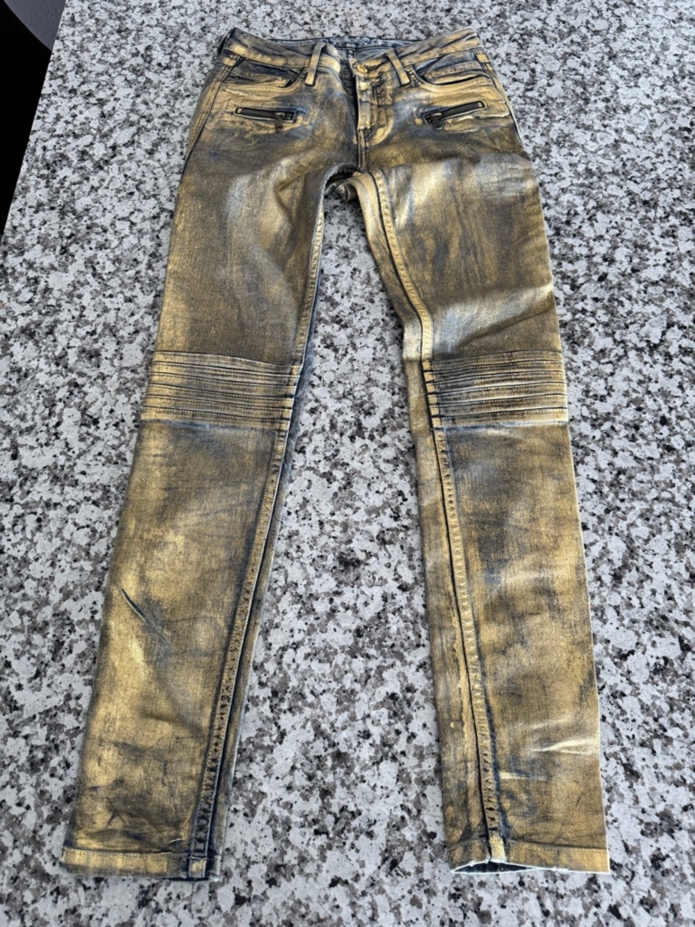 Robin's Jean Zipper Grungecore Painted Gold Jeans Size 26x30 Goddess